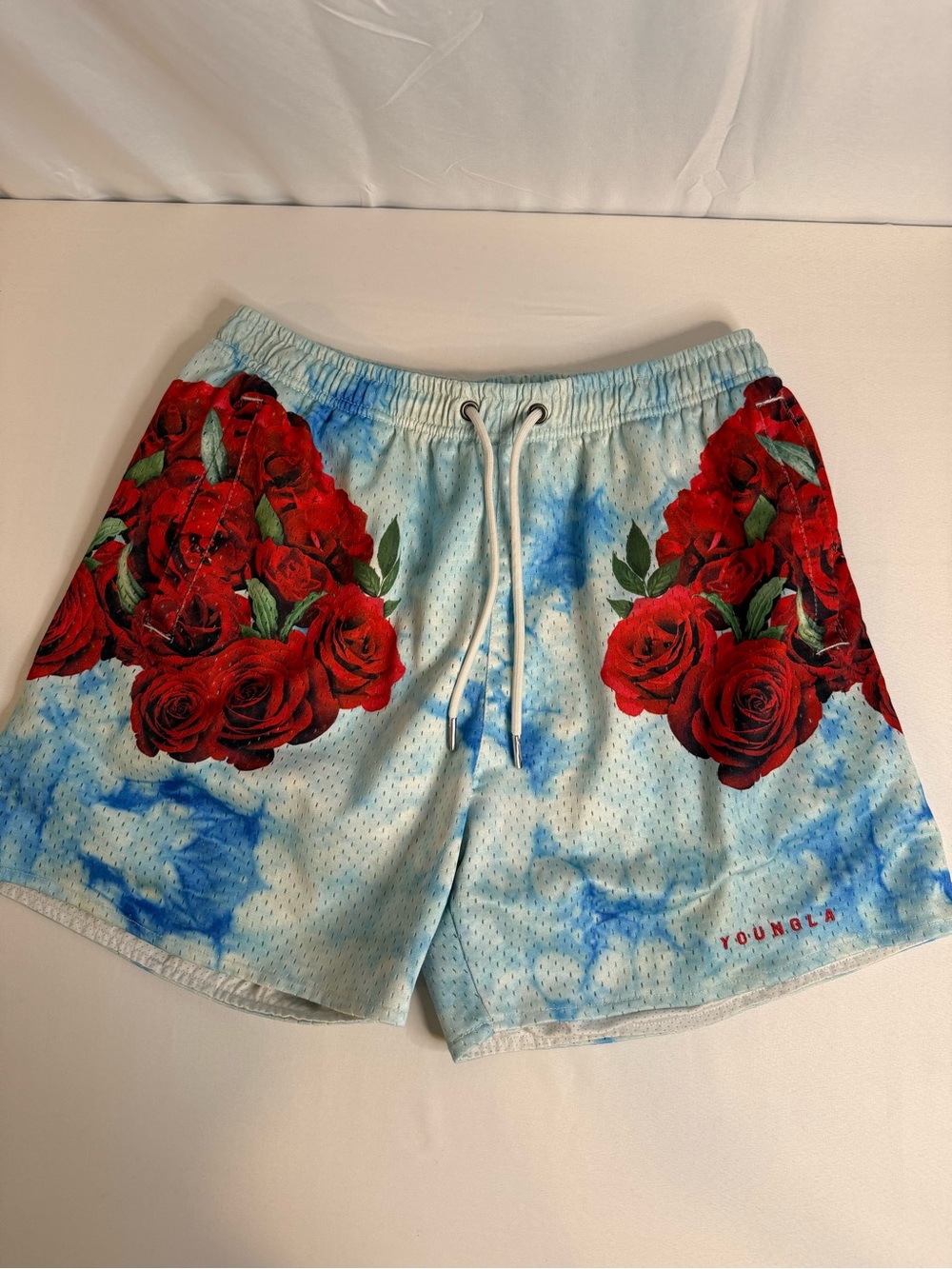 YOUNGLA Mesh Gym Shorts Men’s Large - Blue Tie Dye Red Rose Graphic 5" Inseam